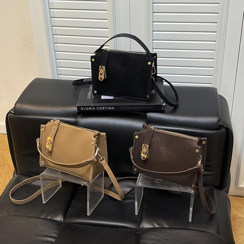 Trend Chic Women PU Leather Shoulder Crossbody Bag Vintage Minimalist Small Square Handbag With Metal Lock Rivet Daily Purse