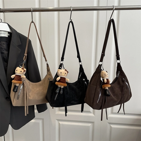 Retro Matte Suede Texture Hobo Bag Large Capacity Shoulder Bag With Tassels And Zipper Solid Color Vintage Style Women