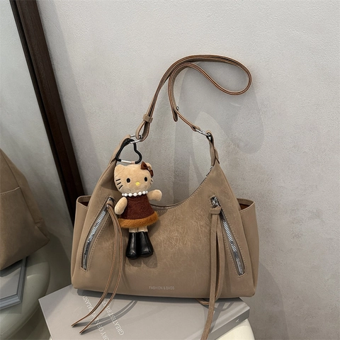 Retro Matte Suede Texture Hobo Bag Large Capacity Shoulder Bag With Tassels And Zipper Solid Color Vintage Style Women
