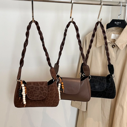 Women Leopard Print Shoulder Bag Vintage PU Leather Underarm Bag With Braided Strap Wooden Bead Charm Crossbody Square Handbag