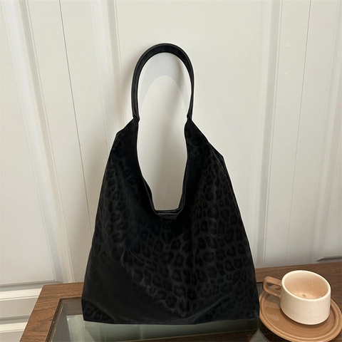 Leopard Print Shoulder Tote Bag Faux Suede Frosted Large Capacity Retro Commuting Fashion Hobo Handbag For Women