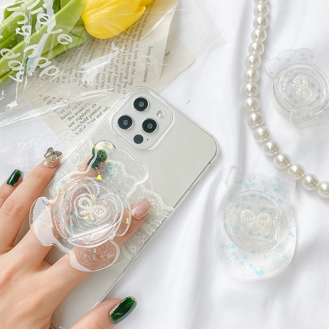 Expanding Phone Grip Tok Stand Transparent Resin Glitter Sequins Artificial Pearl Bow Heart Cute Sparkling Foldable Socket Holder For Mobile Phones