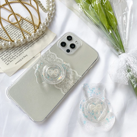 Expanding Phone Grip Tok Stand Transparent Resin Glitter Sequins Artificial Pearl Bow Heart Cute Sparkling Foldable Socket Holder For Mobile Phones