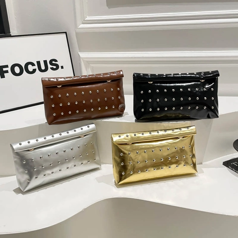 Women Fashion Envelope Clutch Bag Rivet Decor PU Leather Underarm Handbag Evening Party Small Square Bag Gold Silver Black Brown