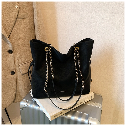 Damen Eimer Tasche Große Kapazität PU Leder Goldkette Schultergurt Kordelzug Mode Pendler Tote Bag