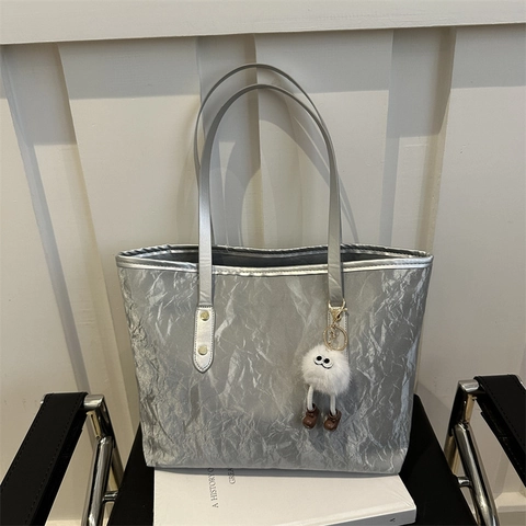 Crinkled Metallic PU Leather Tote Bag Large Capacity Casual Shoulder Bag With Cute Plush Monster Pendant For Women