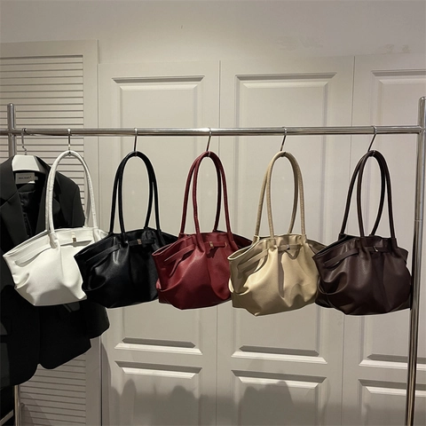 Large Capacity Tote Bag Litchi Texture PU Leather Pleated Wrinkled Shoulder Bag With Gold Buckle For Commuter Women
