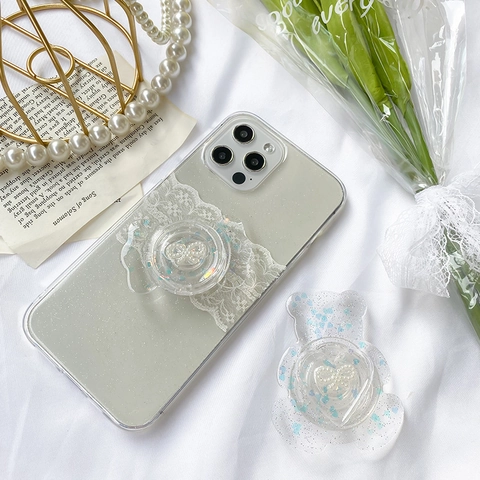Supporto Per Impugnatura Telefono Espandibile Trasparente Resina Glitter Paillettes Perla Artificial Fiocco Cuore Carino Scintillante Supporto Pieghevole Per Cellulari