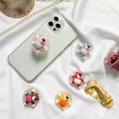 3D Cartoon Bear Mobile Phone Airbag Stand Adhesive Retractable Grip Foldable Finger Holder Transparent Base Cute Kawaii