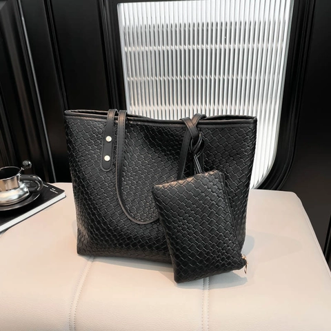 Große Kapazität Gewebte Tragetasche Und Passende Tasche PU Leder Retro Minimalistische Unterarm Schulterhandtasche Für Damen
