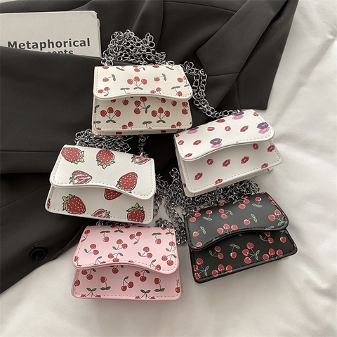 Mini Crossbody Bag PU Leather Fruit Print Small Square Shoulder Handbag With Metal Chain For Women Versatile Fashion