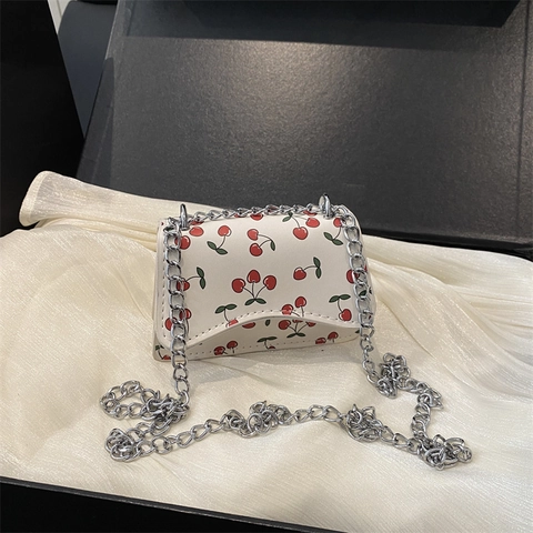 Mini Crossbody Bag PU Leather Fruit Print Small Square Shoulder Handbag With Metal Chain For Women Versatile Fashion
