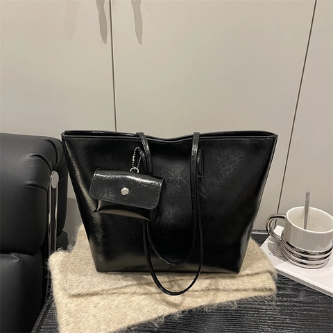 Retro Glänzende PU Leder Tragetasche Für Damen Große Kapazität Schulter Achsel Handtasche Mit Abnehmbarem Mini Beutel