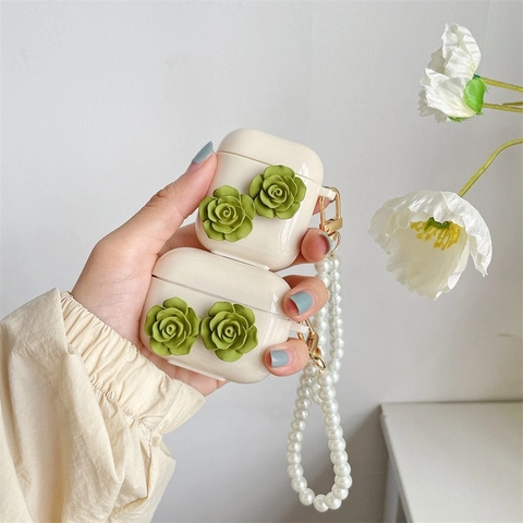 Custodia Auricolari Per AirPods Pro 3 4 3D Rosa Verde Crema Con Cinturino In Künstliche Perle Stile Pastorale Elegante