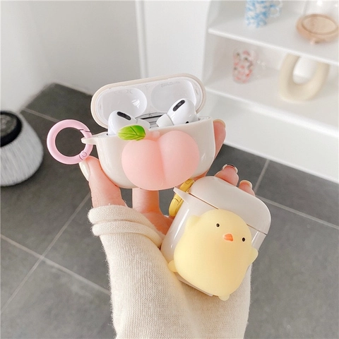 Silicone Earphone Case Textured Cartoon Chick Peach Squishy Stress Relief Protective Cover For Wireless Earphones
