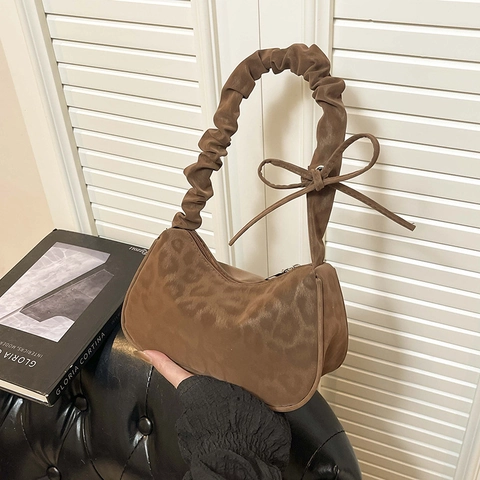 Leopard Print Underarm Bag Suede Scrunched Handle Bowknot Retro Shoulder Bag Handbag For Women