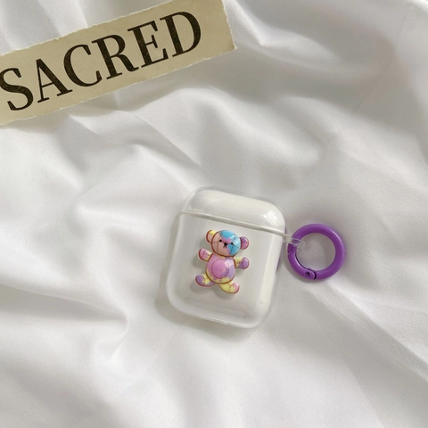 Custodia Protettiva Trasparente Per Auricolari Wireless Con Orso Cartone Animato E Clip A Gancio Tondo Viola Per Uso Quotidiano