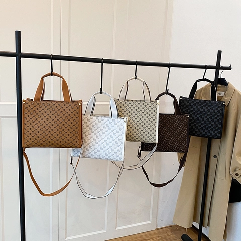 Sac À Main Fourre-Tout Grande Capacité En Cuir PU Imprimé Monogramme Large Bandoulière Rétro Pour Femme