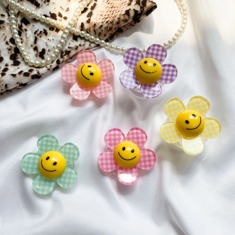 Supporto Per Telefono Pieghevole Fiore Gingham Viso Sorridente Impugnatura Acrilico Resina Stile INS Alla Moda Per Ragazze Donne