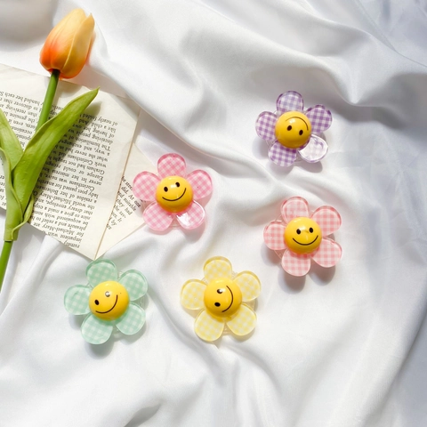 Supporto Per Telefono Pieghevole Fiore Gingham Viso Sorridente Impugnatura Acrilico Resina Stile INS Alla Moda Per Ragazze Donne