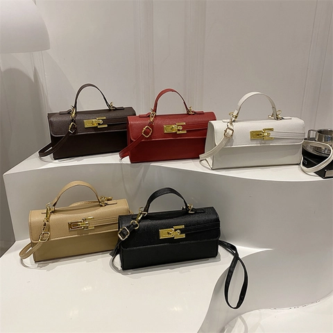 Women Shoulder Crossbody Bag PU Leather Retro Lock Solid Color Simple Fashion Luxury Rectangular Top Handle Handbag