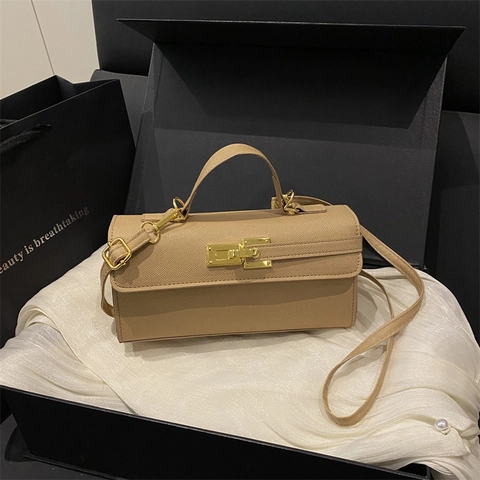 Women Shoulder Crossbody Bag PU Leather Retro Lock Solid Color Simple Fashion Luxury Rectangular Top Handle Handbag
