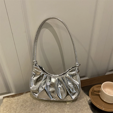 Borsa Spalla Hobo Plissettata Pelle PU Metallizzata Lucida Cloud Mezzaluna Borsa A Mano Con Tracolla Nodo Donna