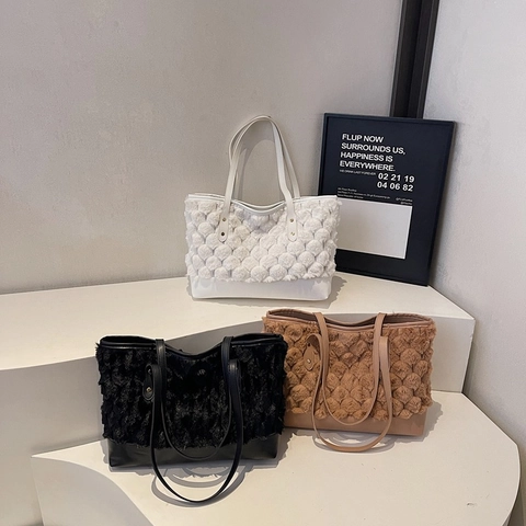 Women Autumn Winter Plush PU Leather Patchwork Tote Bag Large Capacity Bubble Texture Shoulder Bag With Rivets