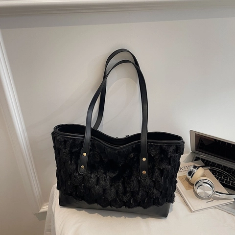 Borsa Tote In Pelliccia Sintetica Da Donna Grande Capacità Borsa A Spalla In Peluche Splicing Pelle PU Moda Texture Bolla 3D