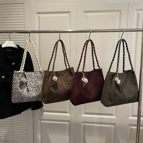 Leopard Print Tote Bag Large Capacity Shoulder Handbag With Woven Handles Retro Fashionable Casual Bag For Women Daily Work