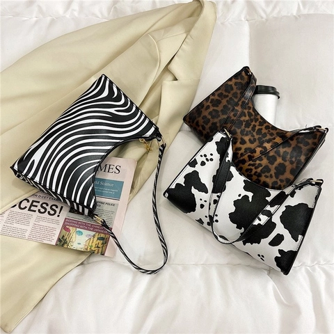 Bolso Baguette De Axila De Cuero PU Con Estampado Animal Para Mujer Patrón De Cebra Leopardo Vaca Bolso De Hombro