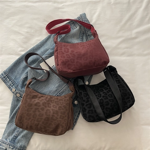 Leopard Print Underarm Bag Chic Nylon Shoulder Bag With Adjustable Wide Strap Vintage Casual Hobo Purse For Women