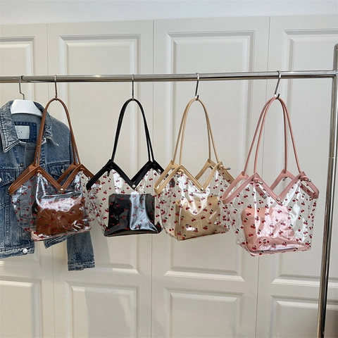 Women Cherry Print Transparent PVC Tote Bag Large Capacity Jelly Handbag With Removable Inner Pouch Fashion Shoulder Bag