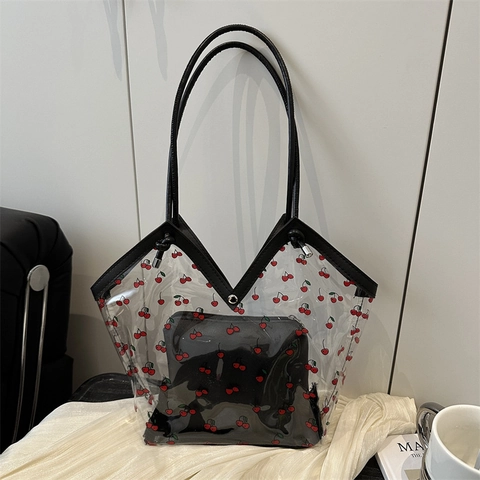 Kirschmuster Transparente PVC Tragetasche Und Innentasche Damen Trendige V-Form Schultertasche Sommer Strand Stilvolle Einkaufstasche