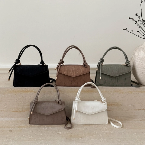 Women Retro PU Leather Textured Shoulder Bag Minimalist Flap Crossbody Bag With Knot Handle Small Square Fashion Handbag