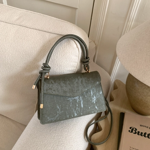 Retro PU Leather Shoulder Bag For Women Minimalist Square Crossbody Handbag With Vertical Texture Knot Handle