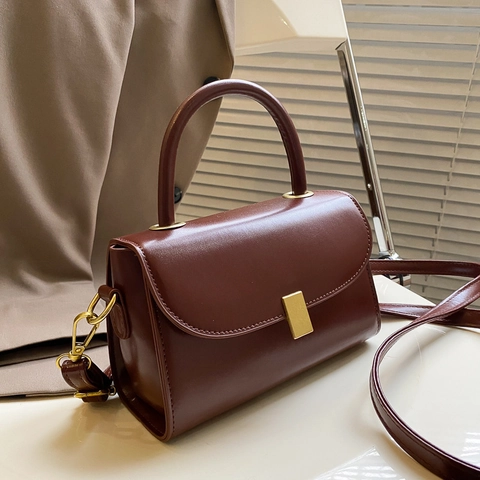 Women Crossbody Bag PU Leather Solid Color Retro Minimalist Small Square Handbag With Top Handle And Adjustable Strap