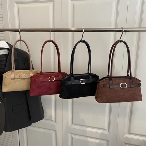 Vintage Faux Suede Underarm Bag For Women Solid Color Shoulder Bag With Metal Buckle Casual Commute Fashion Niche Handbag