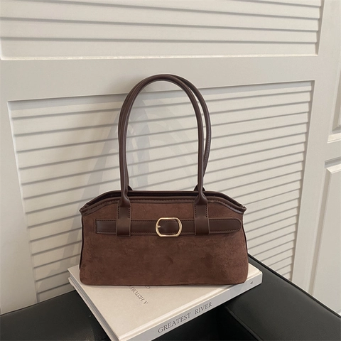 Bolso De Axila Vintage Para Mujer Cuero PU Gamuza Mate Bolso De Hombro Color Sólido Hebilla Metal Uso Diario