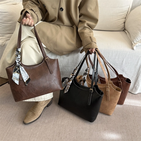 Borsa Tote Vintage In Similpelle Da Donna Grande Capacità Borsa A Tracolla Da Ufficio Con Sciarpa Decorativa Cuciture A Contrasto Elegante