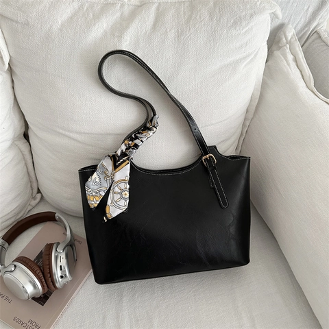 Women Tote Bag PU Leather Large Capacity Contrast Stitching Shoulder Bag With Elegant Satin Scarf Decoration For Commute