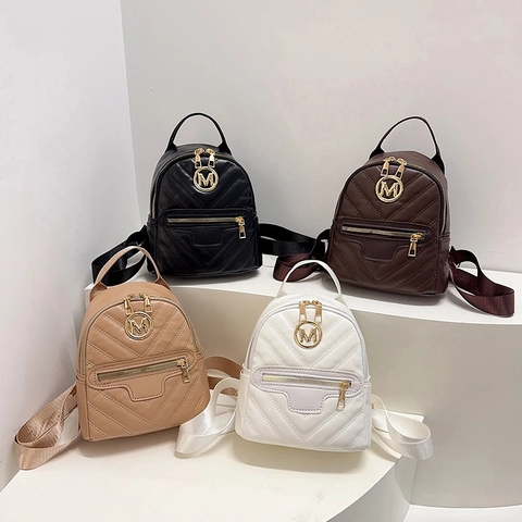 Mini Fashion Backpack Women PU Leather V-Quilted Chevron Gold M Logo Multi-Functional Travel Casual Bag
