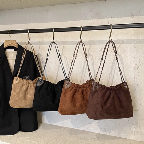 Vintage Damen Gesteppte Schultertasche Wildleder PU Leder Hobo Handtasche Große Kapazität Kordelzug Kettengurt Pendeln