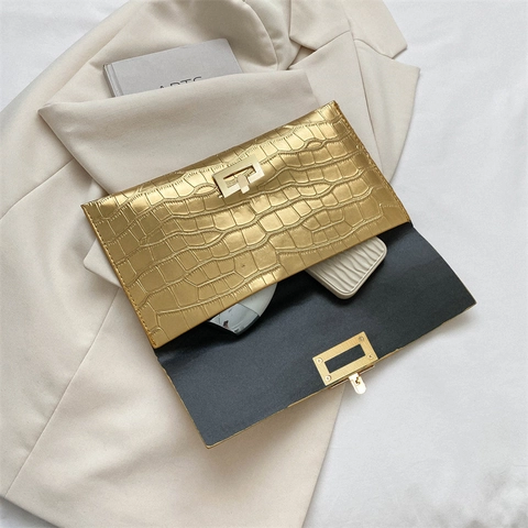 Pochette A Busta Da Donna In Pelle PU Con Motivo Coccodrillo Fibbia Metallica Geometrica Dorata Borsa Da Sera Alla Moda