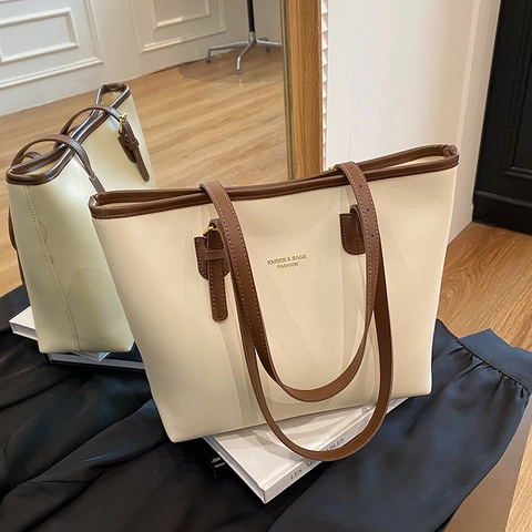 Borsa Tote Da Donna Grande Capacità Pelle PU Colore A Contrasto Borsa A Spalla Per Pendolare Stile Minimalista A Mano
