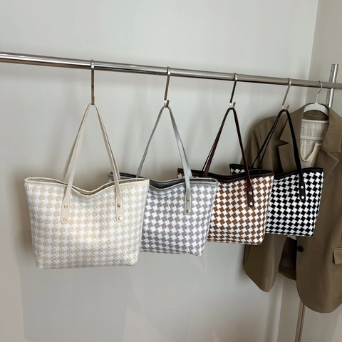 Damen Gewebte Tragetasche Mit Hahnentrittmuster Retro Kontrastfarben Große Kapazität Schultertasche Mit Kunstledergriff Goldene Nieten