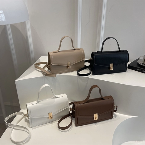 Bolso De Hombro De Cuero PU Para Mujer Con Asa Superior Cerradura Metálica Bolso Bandoulière Color Sólido Diario