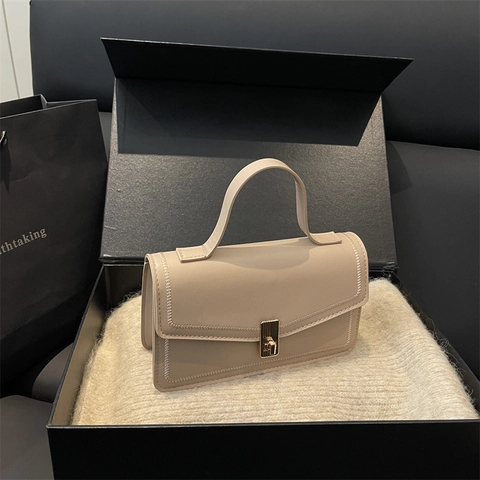 Bolso De Hombro De Cuero PU Para Mujer Con Asa Superior Cerradura Metálica Bolso Bandoulière Color Sólido Diario