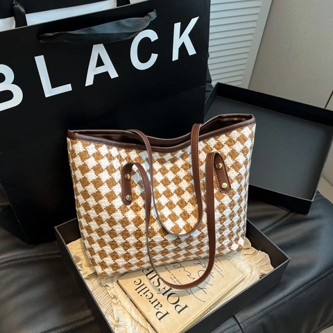 Damen Gewebte Tragetasche Mit Hahnentrittmuster Retro Kontrastfarben Große Kapazität Schultertasche Mit Kunstledergriff Goldene Nieten