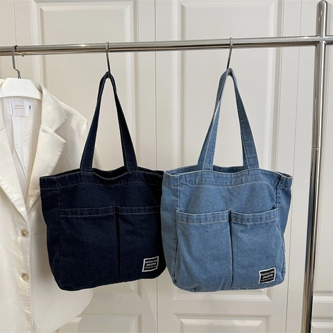 Denim Tote Bag Large Capacity Shoulder Handbag Multi Front Pockets Zipper Casual Retro Style For Women Commuting Shopping